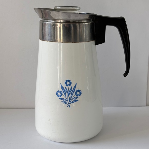 Vtg Corning Ware 9 Cup Percolator Coffee Tea Pot White Blue Floral Set - Picture 3 of 12